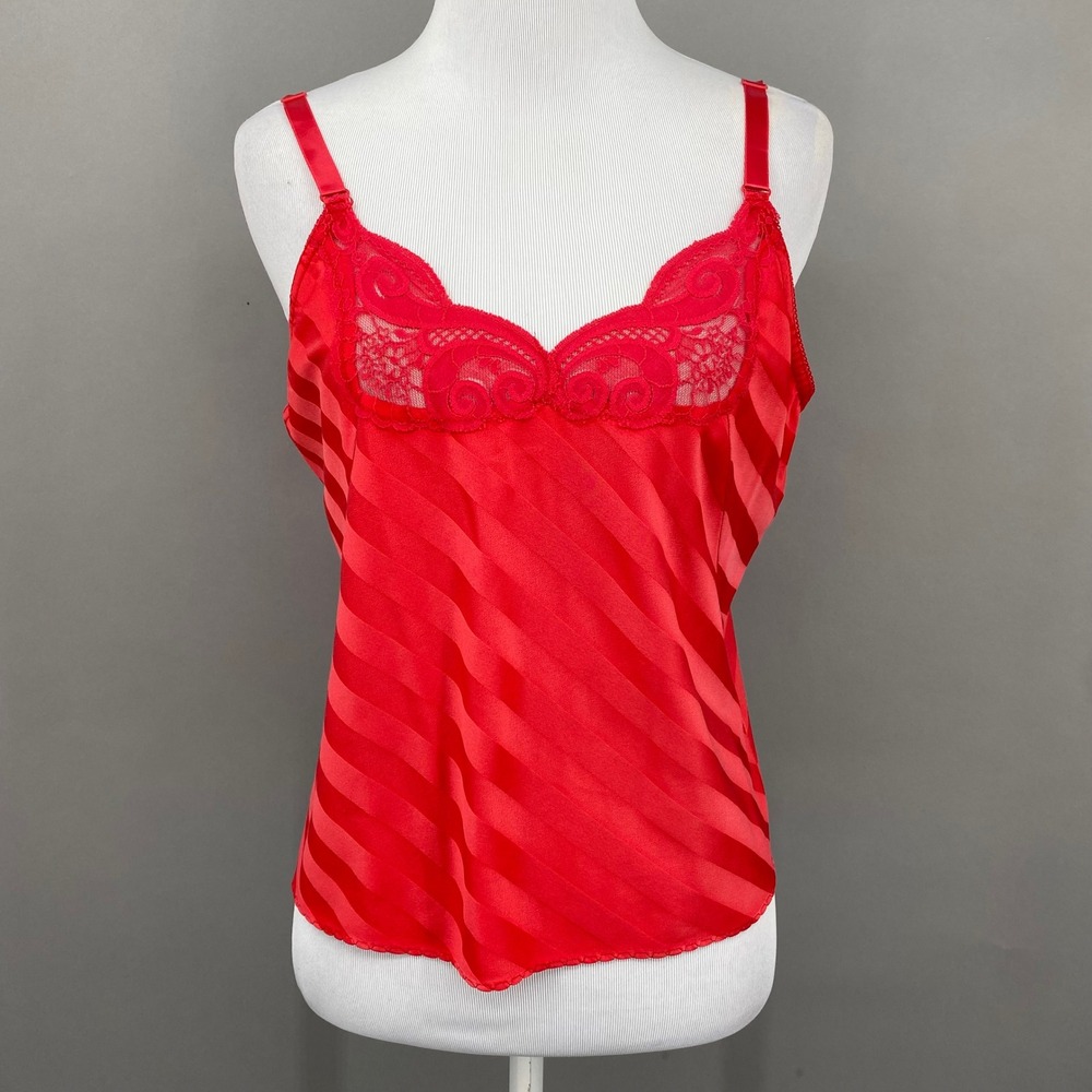 Vintage Wanderlust Wear Red Satin Striped‎ Lace Trim Camisole Tank Top Size M